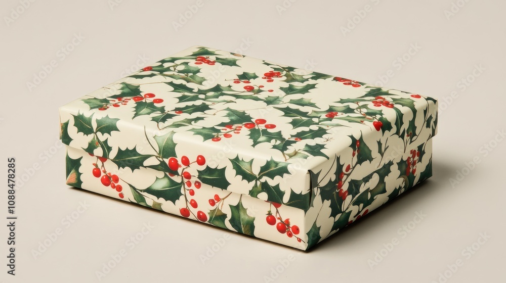Holly and Berry Patterned Gift Box on Neutral Background Holly and Berry Patterned Gift Box on Neutral Background
