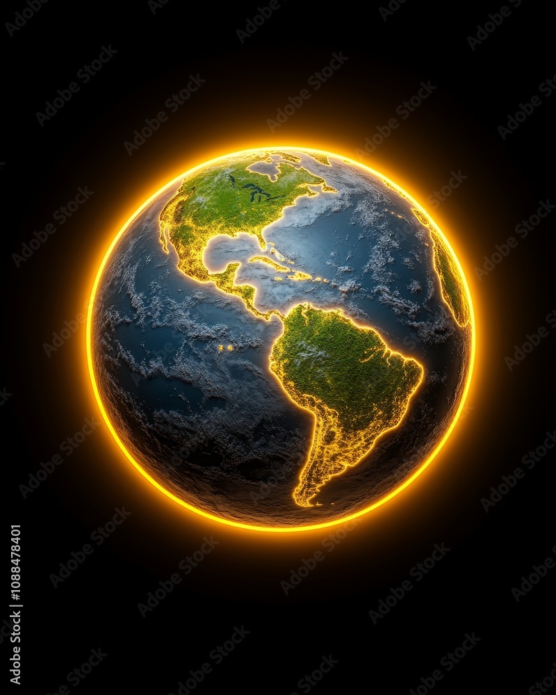 Fototapeta premium Glowing Earth Americas Night Lights Global Map Planet