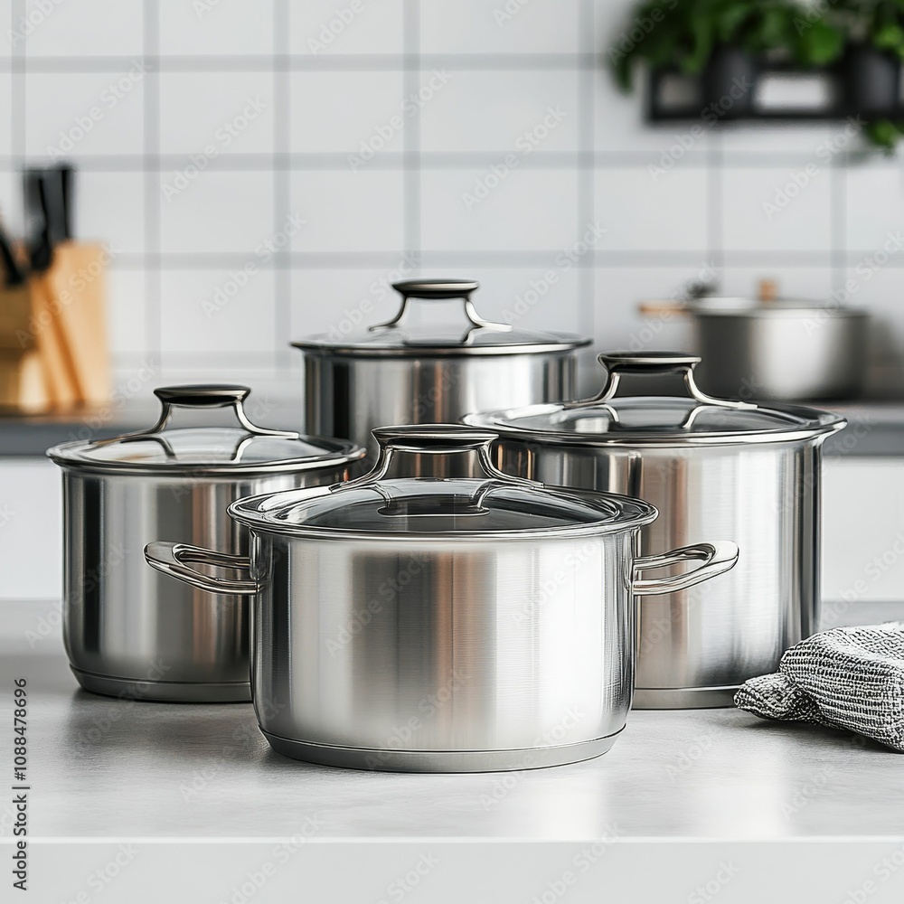Four shiny stainless steel pots on a countertop.