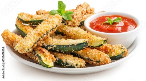 A plate of crispy zucchini fries coated in seasoned breadcrumbs and served with marinara dipping sauce, Each fry golden and crunchy photo