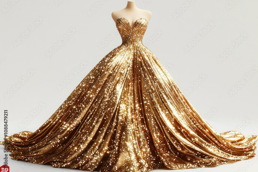 Gold gown with large train cascading down grand staircase with twinkling chandelier overhead, creating a dazzling and opulent bridal entrance. Gold gown with large train cascading down grand staircase with twinkling chandelier overhead, creating a dazzling and opulent bridal entrance.