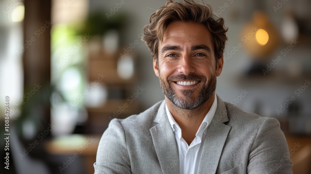 Fototapeta premium Businessman smiling and pointing confidently at a blank white background.