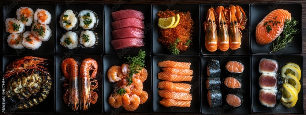 A Colorful Arrangement of Fresh Sushi and Seafood Varieties for Culinary Enthusiasts and Food Photography Lovers A Colorful Arrangement of Fresh Sushi and Seafood Varieties for Culinary Enthusiasts and Food Photography Lovers