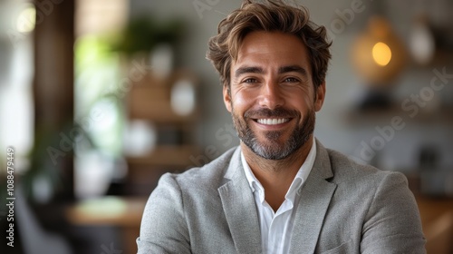 Businessman smiling and pointing confidently at a blank white background.