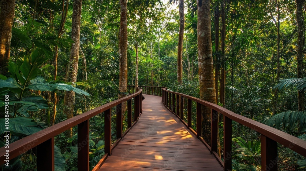 Obraz premium Wooden Path Through Lush Green Forest