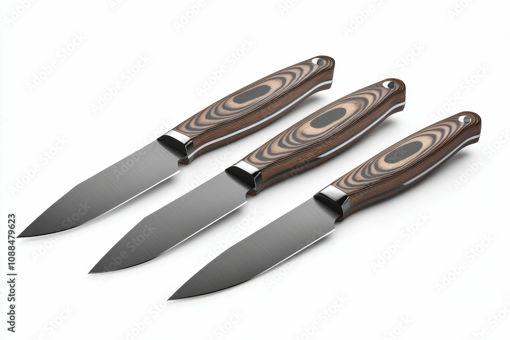 Fototapeta premium Three wooden-handled knives on white background.