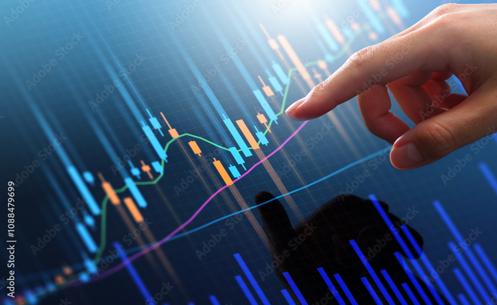 Stock market trading chart and analyzing investment opportunity. Broker touching stock exchange price graphs.