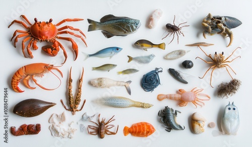 A Colorful Collection of Realistic Marine Life and Sea Creatures in Various Shapes and Sizes on a White Background for Educational and Creative Use photo