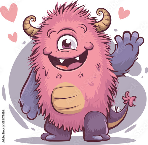 A cute, fuzzy monster with a shaggy pink and purple body