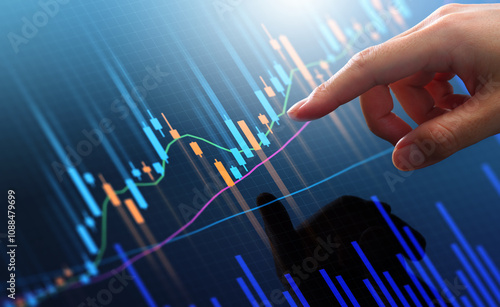 Stock market trading chart and analyzing investment opportunity. Broker touching stock exchange price graphs.