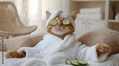 Relaxing cat spa day home animal photo cozy indoor close-up self-care concept