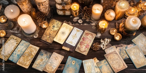 Tarot cards on a fortune tellers table used to predict the future, divination and esotericism