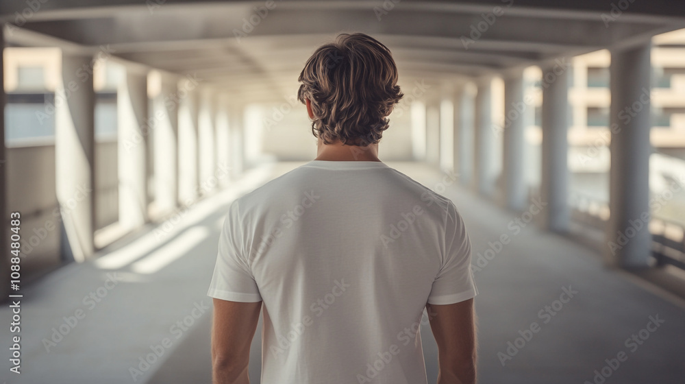 Young man walking through empty corridor in modern building during daytime Young man walking through empty corridor in modern building during daytime