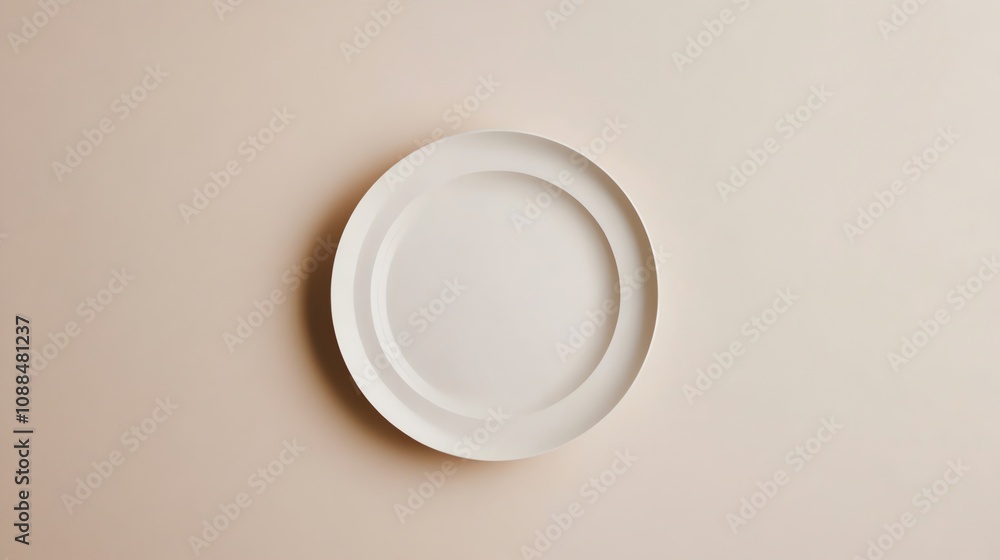 An empty white plate on a beige background. An empty white plate on a beige background.