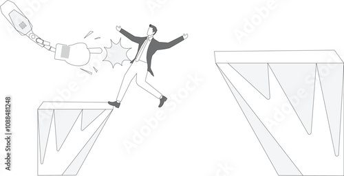 The big hand Index Finger pushes a Businessman deeper into the abyss