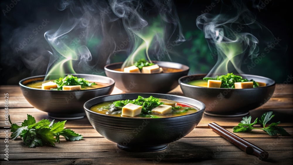Silhouette of Bowls of Miso Soup with Tofu and Greens - Healthy Asian Cuisine Photography Silhouette of Bowls of Miso Soup with Tofu and Greens - Healthy Asian Cuisine Photography