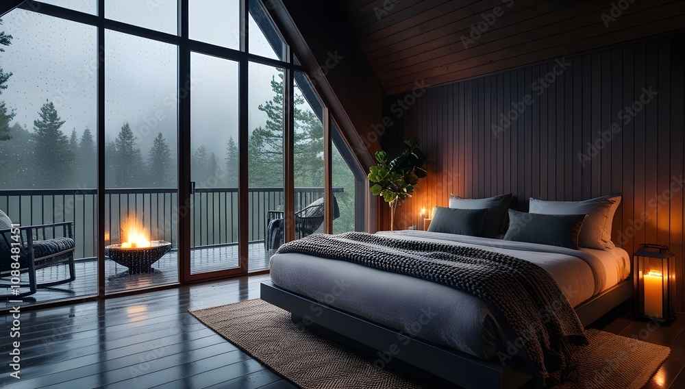 Fototapeta premium Peaceful A-Frame Bedroom Escape in Nature's Embrace