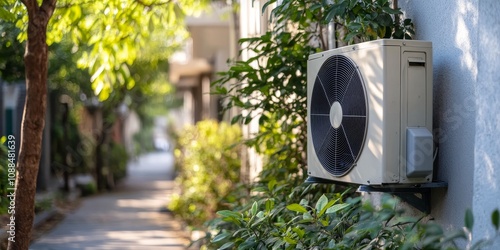 Compact central air conditioner unit positioned outdoors near a residential building, showcasing the efficiency and design of a compact central air conditioner unit suitable for home cooling needs. photo