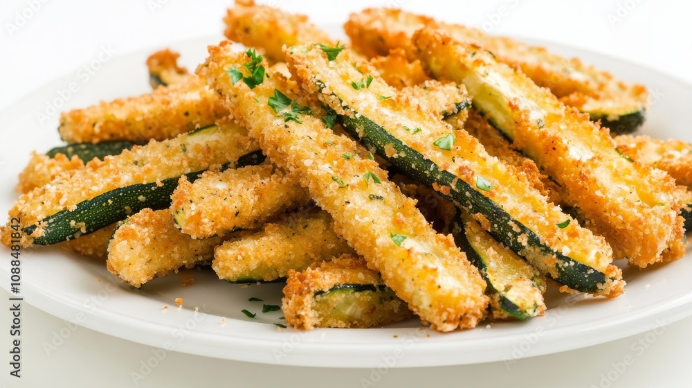 A plate of crispy zucchini fries with golden-brown breaded zucchini sticks, Each fry’s crunchy exterior and tender interior captured with precision A plate of crispy zucchini fries with golden-brown breaded zucchini sticks, Each fry’s crunchy exterior and tender interior captured with precision