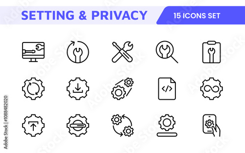 Settings and Maintenance Icon Set. Sleek and functional icons for user interfaces, perfect for enhancing apps and websites with intuitive navigation for settings, updates, and maintenance.