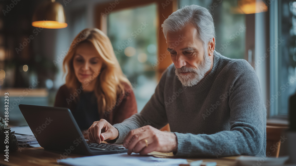 A man and a woman are sitting at a table with a laptop in front of them. The man is typing on the laptop while the woman looks on A man and a woman are sitting at a table with a laptop in front of them. The man is typing on the laptop while the woman looks on