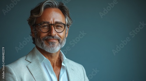 Mature Latin businessman holding a tablet, smiling, isolated on a grey background.