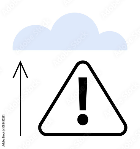 Cloud symbol above upward arrow pointing to exclamation mark inside a triangle. Ideal for technology, IT, security alerts, cloud storage, data protection, warnings, online services. Line metaphor