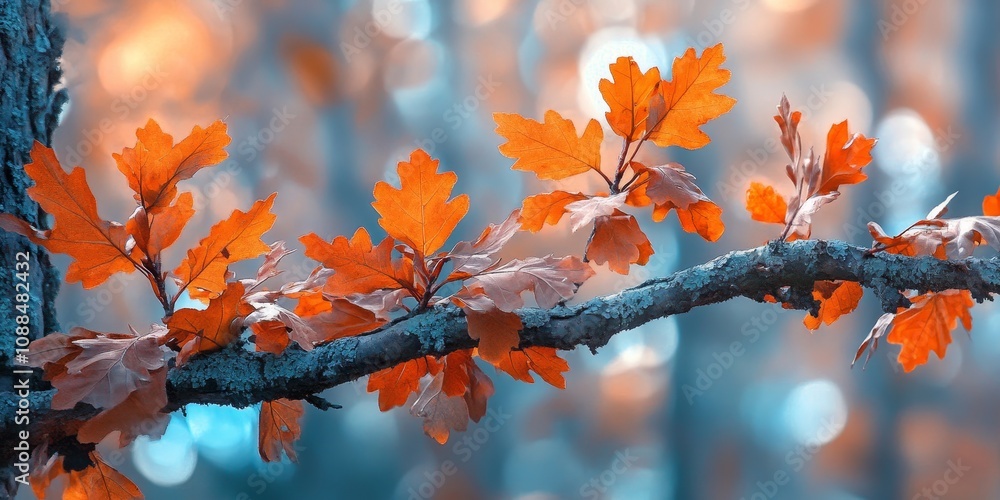 Vibrant orange autumn leaves adorn an oak branch amidst a forest scene, showcasing the beauty of autumn. This autumn themed image captures the essence of colorful foliage and its seasonal charm. Vibrant orange autumn leaves adorn an oak branch amidst a forest scene, showcasing the beauty of autumn. This autumn themed image captures the essence of colorful foliage and its seasonal charm.