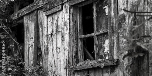 A black and white photo of an old wooden building with a broken window. photo