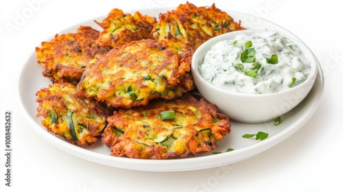 A plate of crispy zucchini fritters served with a side of tangy tzatziki sauce, Each fritter golden and crunchy, Set against an isolated white background to showcase its vegetarian delight 