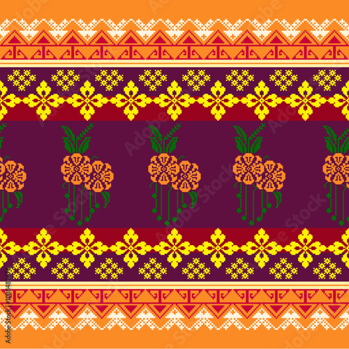 Abstract geometric ethnic pattern design for clothing, fabric, background, wallpaper, wrapping, batik. Knitwear, Pixel pattern, Embroidery style. Vector illustration