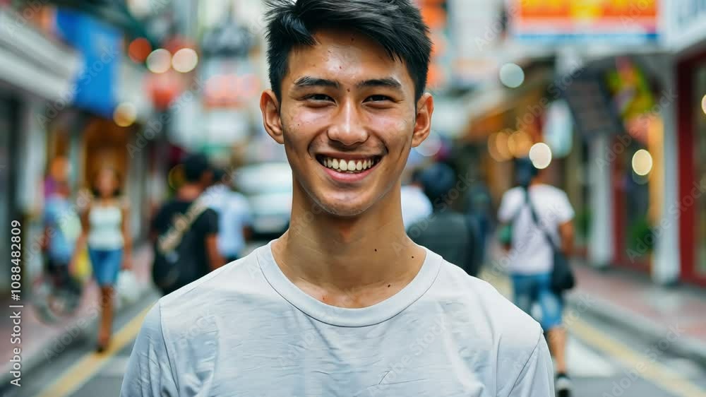 A young man with a bright smile stands confidently in a lively urban street filled with people. The colorful surroundings create an energetic atmosphere, showcasing daily life. A young man with a bright smile stands confidently in a lively urban street filled with people. The colorful surroundings create an energetic atmosphere, showcasing daily life.