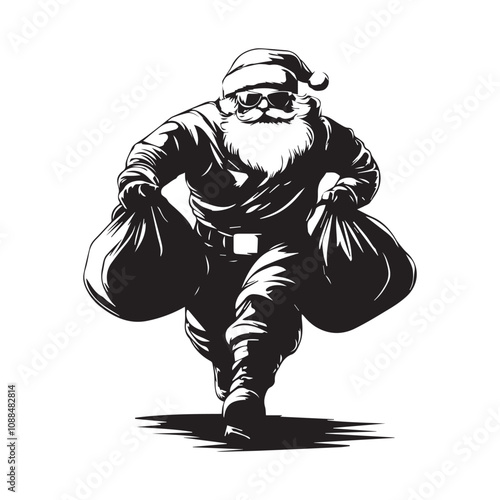 Black and white Santa Claus Walking with Full Bag Stock image vector isolated on white background