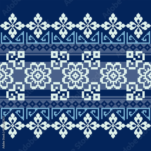 Abstract geometric ethnic pattern design for clothing, fabric, background, wallpaper, wrapping, batik. Knitwear, Pixel pattern, Embroidery style. Vector illustration