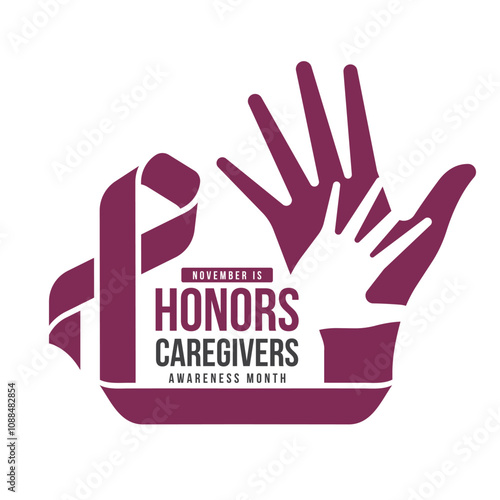 November is honors caregivers awareness month - Text and plum caregivers ribbon awareness sign in circle hands hope and long plum caregivers ribbon cross around vector design