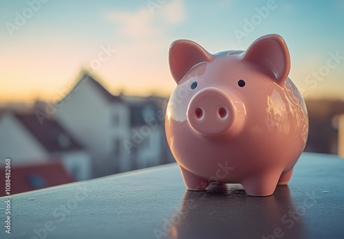 Cute pink ceramic piggy bank sitting on a ledge with a blurred background of modern houses during a beautiful sunrise or sunset sky, symbolizing savings and financial goals. photo