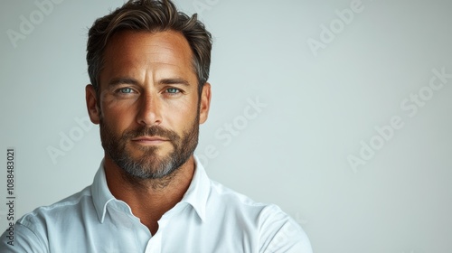 Full-length portrait of a confident businessman in a white shirt, isolated against a white background.