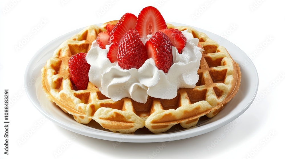 A plate of fluffy Belgian waffles topped with whipped cream and fresh strawberries, Each waffle's golden-brown surface and airy texture invitingly displayed A plate of fluffy Belgian waffles topped with whipped cream and fresh strawberries, Each waffle's golden-brown surface and airy texture invitingly displayed