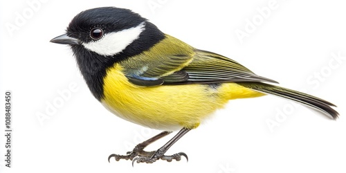 Great Tit isolated against a white background, showcasing its vibrant features. This Great Tit Parus major is prominently displayed for an eye catching visual effect. photo