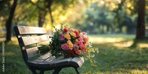 Fototapeta Naklejka Na Ścianę i Meble -  A bouquet of flowers placed on a bench in a serene setting serves as a touching memorial, symbolizing remembrance and honoring cherished memories with the beauty of flowers.