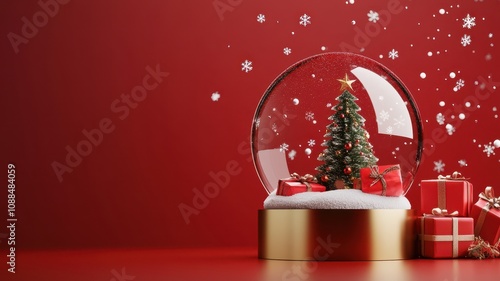 Christmas tree in Glass snow globe on red background, Christmas decorative design with white snowdrift,snowflakes,glow garland,3d decorative garland glow.Xmas Decorations,Vector illustration.