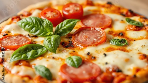 Delicious Homemade Pepperoni Pizza with Fresh Basil and Melted Cheese, Perfect for Dinner or Party photo