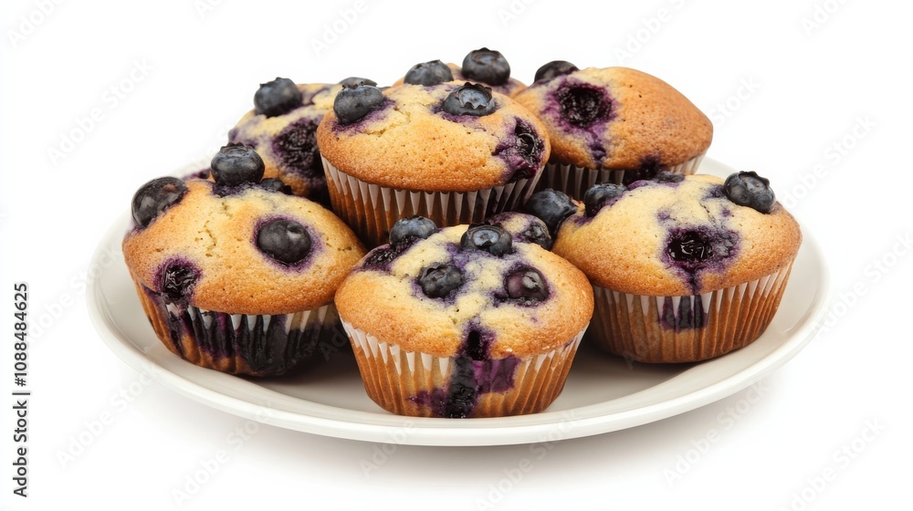A plate of freshly baked blueberry muffins with bursting berries, Their golden-brown tops and moist interior invitingly showcased A plate of freshly baked blueberry muffins with bursting berries, Their golden-brown tops and moist interior invitingly showcased