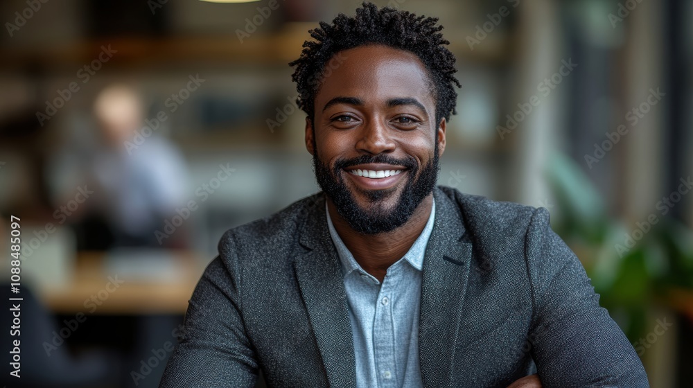 Happy African-American executive at an office workspace, isolated on a white background. Happy African-American executive at an office workspace, isolated on a white background.