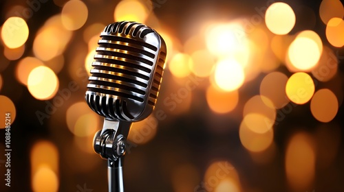 Close-up of Afro woman in studio, singing into a vintage microphone, radiant smile, ambient lighting reflecting her joy and passion