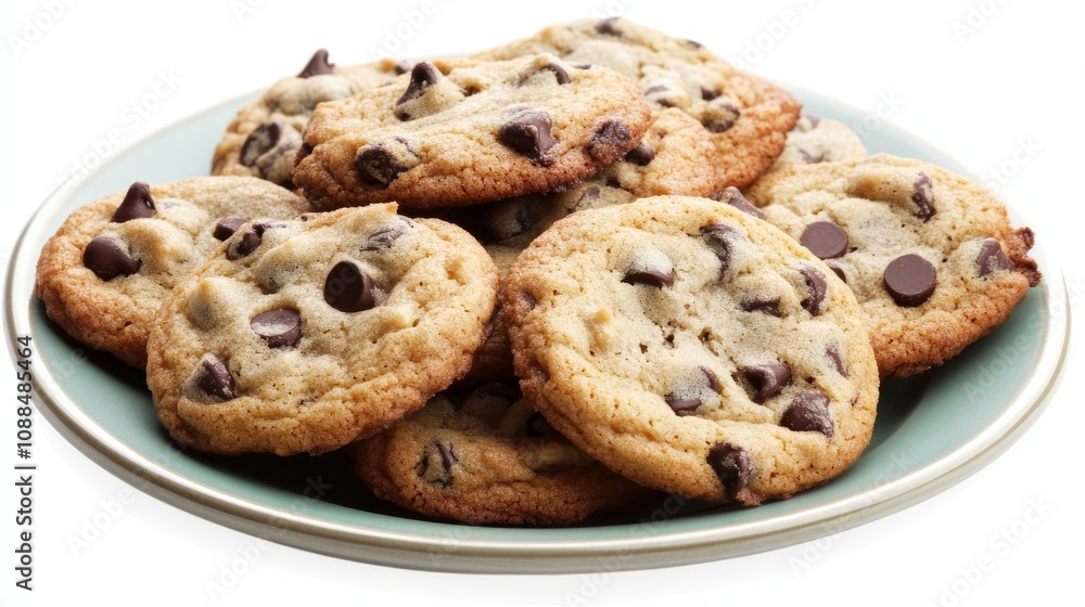 A plate of freshly baked chocolate chip cookies with golden edges and gooey centers, Each cookie’s melty chocolate chips and crumbly texture captured with precision A plate of freshly baked chocolate chip cookies with golden edges and gooey centers, Each cookie’s melty chocolate chips and crumbly texture captured with precision