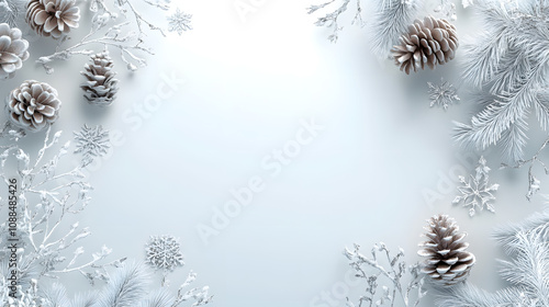 Frozen winter wonderland frame with fir branches, snowflakes, and ice crystals, perfect for Christmas card designs