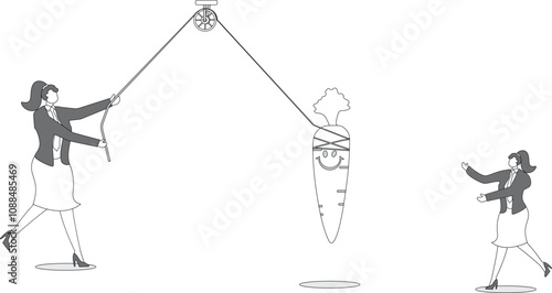 Businesswoman looking up at dangling carrot being tempted
