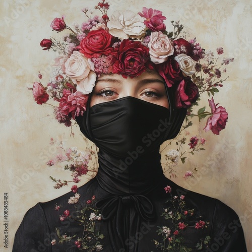 A captivating portrait of a person adorned with a floral crown and a black mask, blending nature and fashion in a unique way.