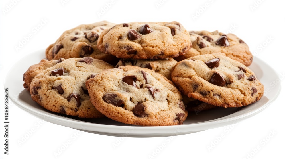 A plate of freshly baked chocolate chip cookies, Their golden-brown edges and gooey chocolate chips enticingly displayed A plate of freshly baked chocolate chip cookies, Their golden-brown edges and gooey chocolate chips enticingly displayed